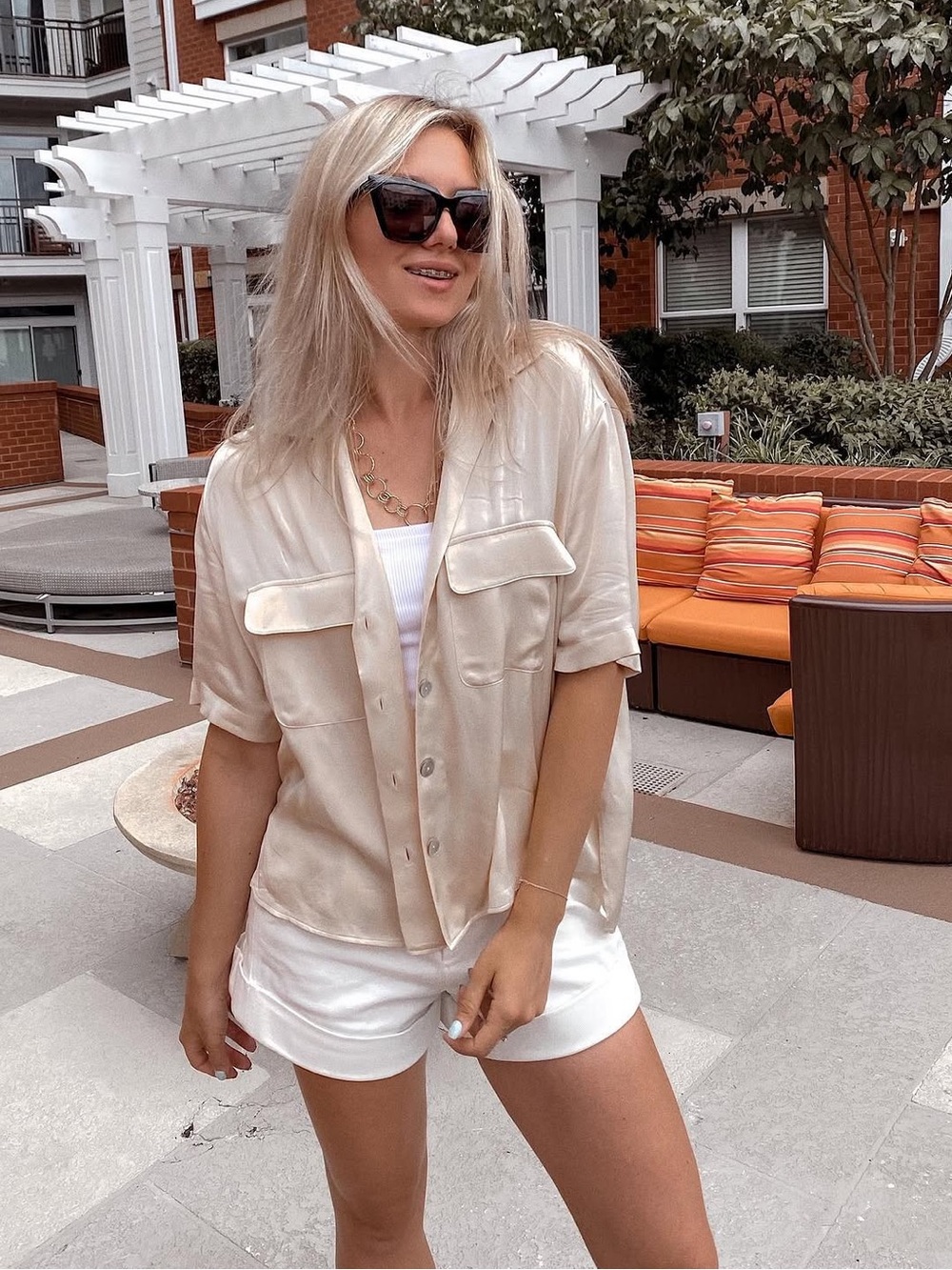 Zara Silky Ivory Short-Sleeve Button Shirt